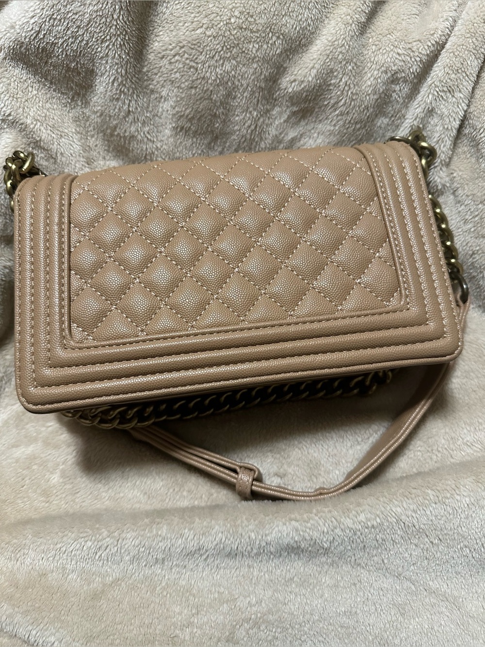 Quilted Beige CHNL Leather Shoulder Bag with Chain Strap